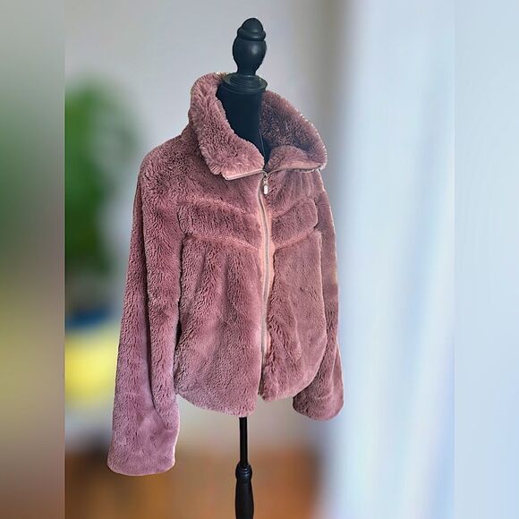 Anthropologie Faux Fur Jacket Teddy Bomber Chevron Detail Size L - Picture 10 of 16